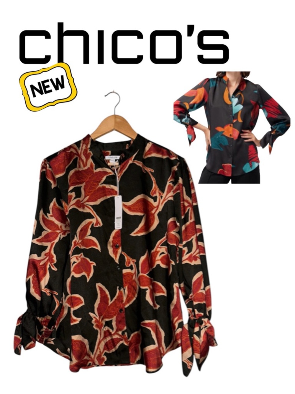 New CHICO'S Tie Cuff Tunic Blouse Stylized Vine Primordial Forest Upscale Wmn 14